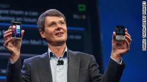 BlackBerry CEO Thorsten Heins displays the new Blackberry 10 smartphones at a launch event in January.