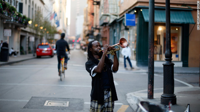 Mario Abney plays the trumpet on Bourbon Street in the French Quarter January 28.