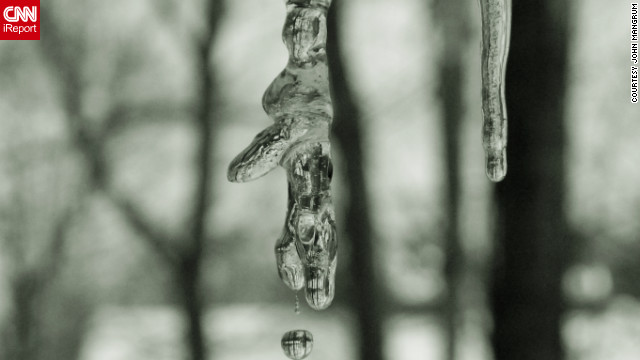 John Mangrum returned from a vacation in early January and was greeted with about 10 inches of snow that had fallen the previous few days. "Luckily," he said, "the temperature had warmed up enough to produce some beautiful icicles hanging from the roof." 