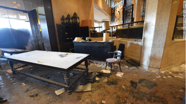 The lobby of Cairo's Semiramis InterContinental Hotel is full of debris on January 29 after protesters stormed the entrance.