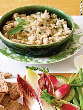 Mashing cannellini beans with olive oil, garlic and sage creates the same creamy consistency as sour-cream-based dips, for 320 calories. Try this recipe: White bean dip 