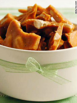 Pepper adds an unexpected bit of heat to this brittle, but you can omit it for a more traditional version. One serving is 105 calories. Try this recipe: Peppered peanut brittle 