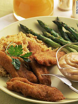 Baking these 190-calorie chicken strips keeps them low-fat, but the seasoning and bread crumbs create a faux-fried texture. Try this recipe: Smoky chicken fingers 