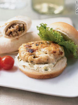 Garlic powder, ground turkey and Gorgonzola cheese make these 169-calorie miniburgers the perfect protein-packed finger foods. Try this recipe: Mini turkey burgers