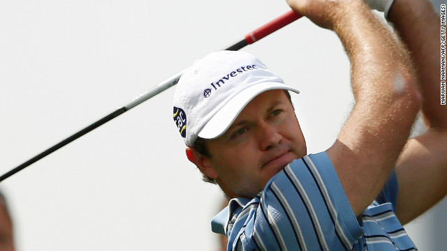 Richard Sterne tees off on his way to a superb ten-under-par 62 at the Emirates Golf Club in Dubai.