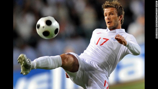 David Beckham controls the ball in 2009 during the 2010 FIFA World Cup qualifier of European Group 6.