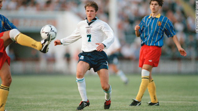 David Beckham makes his England debut at a World Cup Europe Qualifying Round Group 2 match against Moldova in 1996.