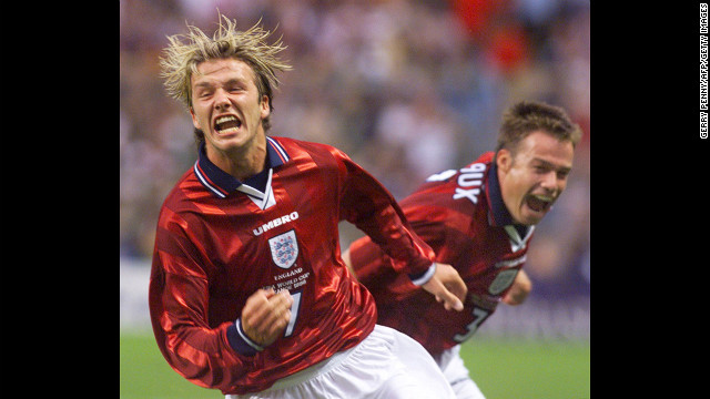 Beckham celebrates his goal in the 1998 World Cup Finals versus Colombia in 1998.