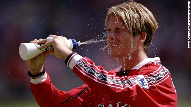 Becks as a member of Manchester United cools down during the FA Charity Shield match against Arsenal at Wembley Stadium in London in 1998.