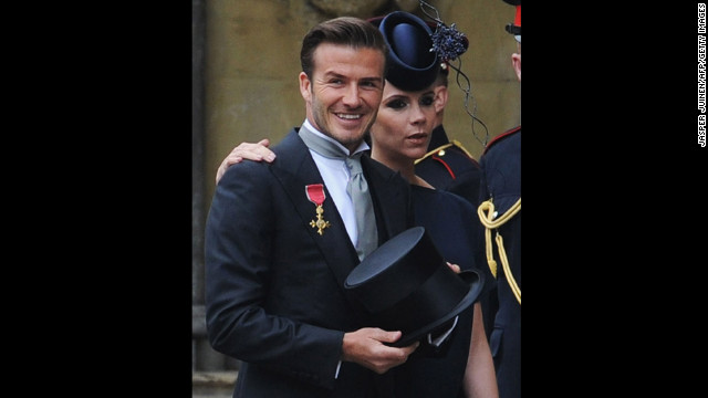 David and Victoria Beckham arrive at the Royal Wedding of Prince William and Kate Middleton at Westminster Abbey in 2011.