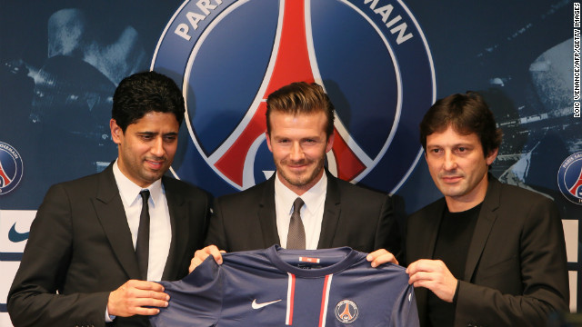 It was only a few months ago there was news David Beckham had <a href='http://news.blogs.cnn.com/2013/01/31/beckham-to-join-paris-saint-germain-club-says/' >signed on with a new team</a> and now he is retiring. Here he poses with Paris Saint-Germain President Nasser Al-Khelaifi, left, and PSG sports director Leonardo during a press conference announcing his new gig. Click through for a look back at Beckham through the years. 