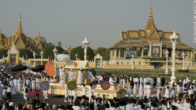 The coffin of the late former King Norodom Sihanouk is seen during his funeral procession in front of the Royal Palace on Friday. 
