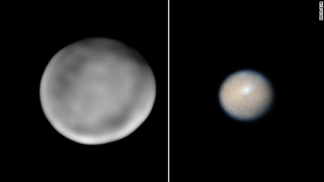 The first asteroid to be identified, 1 Ceres, was discovered January 1, 1801, by Giuseppe Piazzi in Palermo, Sicily. But is Ceres just another asteroid? Observations by NASA's Hubble Space Telescope show that Ceres has a lot in common with planets like Earth. It's almost round and it may have a lot of pure water ice beneath its surface. Ceres is about 606 by 565 miles (975 by 909 kilometers) in size and scientists say it may be more accurate to call it a mini-planet. NASA's Dawn spacecraft is on its way to Ceres to investigate. The spacecraft is 35 million miles (57 million kilometers) from Ceres and 179 million miles (288 million kilometers) from Earth. The photo on the left was taken by Keck Observatory, Mauna Kea, Hawaii. The image on the right was taken by the Hubble Space Telescope.