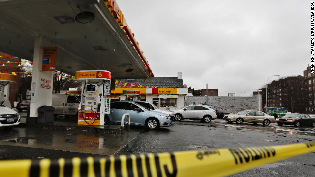 Cars are lined up outside a gas station in Queens borough of New York on February 8.