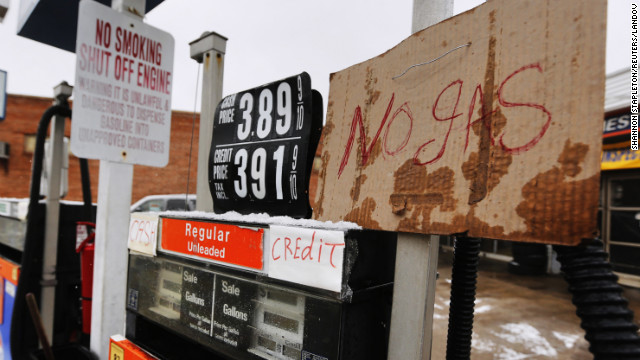 A sign bears bad news on a fuel pump in Manhasset, New York, on February 8.