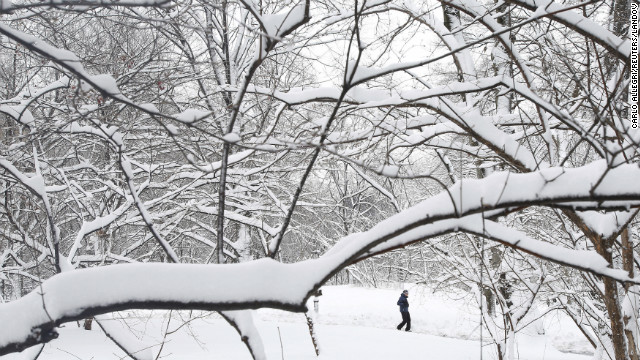 A man walks through snowy Central Park in New York.