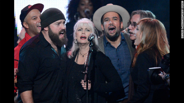 Tom Morello, Zac Brown, Emmylou Harris, Ben Harper, Jackson Browne and Patti Scialfa perform onstage.