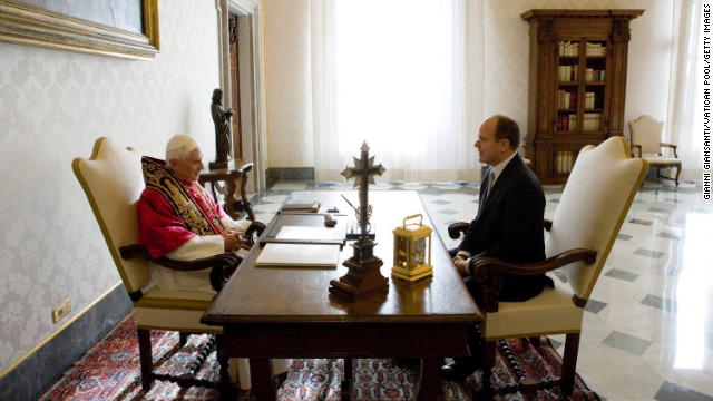 Benedict meets Prince Albert II of Monaco at the pope's private library in Vatican City in December 2005.