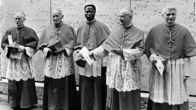 Cardinal Joseph Ratzinger, right, poses for a picture in Vatican City in June 1977 with fellow cardinals, from left, Cardinal Gappi, Cardinal Tomazek, Cardinal Gantin and Cardinal Benelli. Ratzinger was named cardinal-priest of Santa Maria Consolatrice al Tiburtino by Pope Paul VI in June 1977.