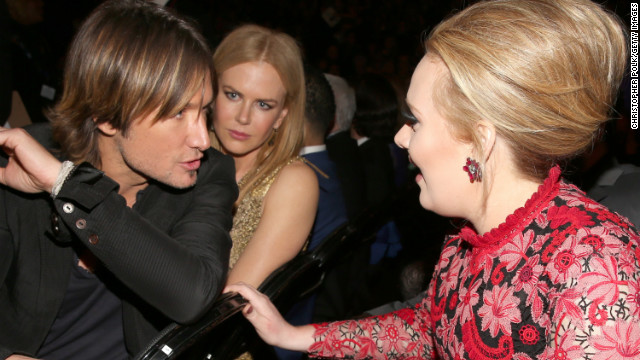 Keith Urban to Adele: "You're telling me you just blast your 'do with this hairpray on Mondays, and it stays put all week? See, that's what I need!"<!-- -->
</br>Nicole Kidman to herself: "Please, God. No."