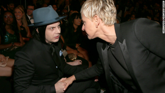 Jack White: "Ellen, what did you do with the hat, tie and pocket square I sent you? I thought we were going to be twinsies?"<!-- -->
</br>Ellen DeGeneres: "Next time, dude. I swear."