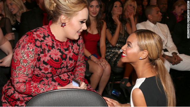 Beyonce: "Do you see that girl in the red trying to photobomb us right now?!"<!-- -->
</br>Adele: "Bey, I do! Just ignore her and smile."