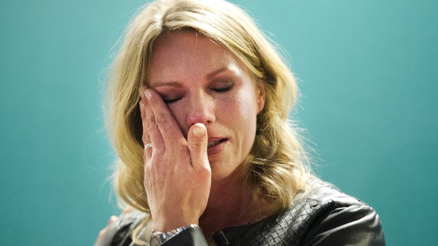 Esther Vergeer wipes away a tear after announcing her retirement from wheelchair tennis at a press conference in Rotterdam, where she is a director of an able-bodied men's tournament. 