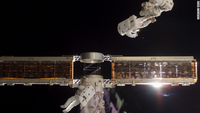 The Endeavour crew installs the first set of U.S. solar arrays on the station in 2000.