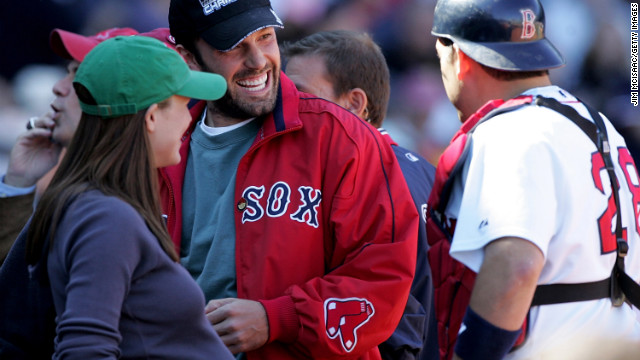 Affleck, Jennifer Garner and catcher Doug Mirabelli of the Boston Red Sox talk at a 2005 game against the New York Yankees in Boston. 