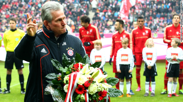 Bayern Munich head coach Jupp Heynckes acknowledges the crowd ahead of his 1,000th Bundesliga appearance.