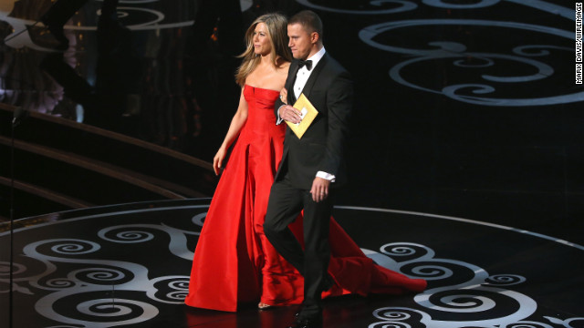 While presenting the award for achievement in costume design, Jennifer Aniston and Channing Tatum thank all the amazing folks they have worked with in the past, including the people who've waxed them.