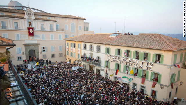 A crowd packs Castel Gandolfo for Pope Benedict XVI's final appearance.