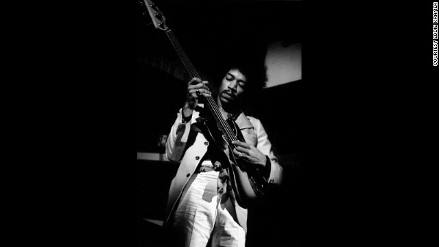 <strong>Hendrix jams at The Scene club in New York in 1968:</strong><!-- -->
</br>"Jimi showing his prowess as an all-round musician playing Noel (Redding)'s bass upside down accompanying jazz guitarist Larry Coryell at The Scene club, which he used as his own personal rehearsal space trying out new ideas, testing musicians and making selections for possible inclusion in the recording of 'Electric Ladyland' just around the corner at the Record Plant on 44th Street." --<i> Eddie Kramer</i>