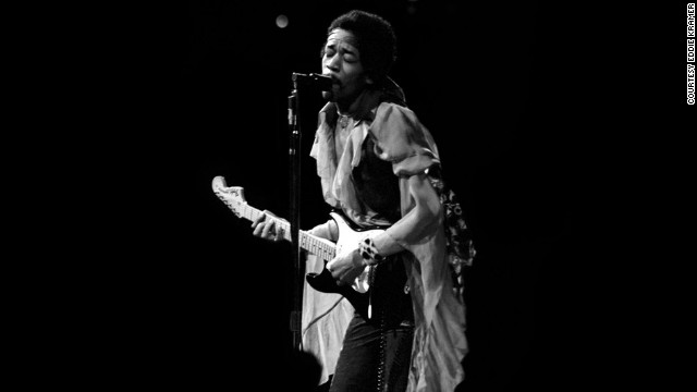 <strong>Hendrix performs at Madison Square Garden in 1969:</strong><!-- -->
</br>"I was always mesmerized by the transformation of Jimi's persona from the shy, soft-spoken individual into the towering monster guitarist that appeared on stage demolishing everything in his path with waves of intense sound. I rarely attended Jimi's shows as just a fan and not being in a mobile truck recording him,so it was such a moment of visceral pleasure to capture these images from the side and front of the stage." --<i> Eddie Kramer</i>