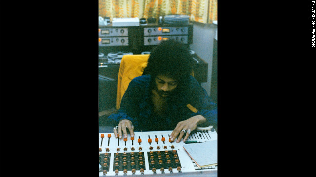 <strong>Hendrix works at the mixing board at the Record Plant in New York in 1968:</strong><!-- -->
</br>"Jimi was totally into the technology of the day as demonstrated by his ability at the board. We often mixed together as a team, mostly ending in very creative collaborations or falling over laughing at the mess we had made of the sound. In fact '1983 (A Merman I Should Turn to Be)' was mixed as one complete take with two or three rehearsals beforehand." --<i> Eddie Kramer</i><!-- -->
</br>