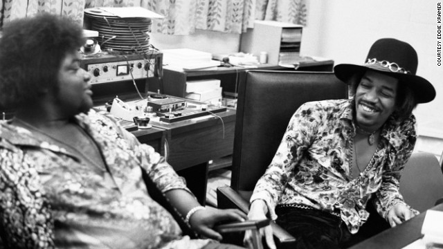 <strong>Hendrix and Buddy Miles at the Record Plant in New York in 1968:</strong><!-- -->
</br>"Jimi had a longstanding warm relationship with Buddy Miles. In this photo Jimi and Buddy can hardly contain their laughter. One of Jimi's most endearing traits was his amazing sense of humor. Even though it was at times self-deprecating, Mitch (Mitchell), Noel (Redding) and myself were often the butt of his jokes ... all in the desire to keep the sessions loose!" --<i> Eddie Kramer</i>