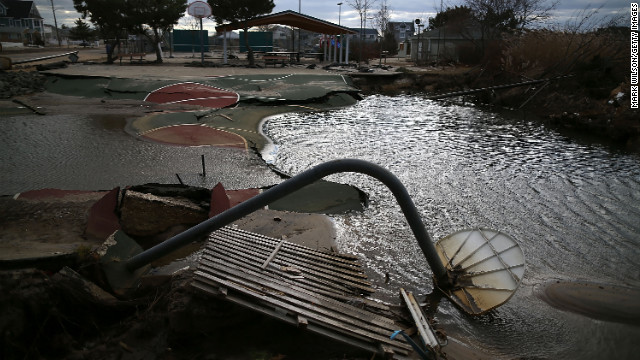A basketball court in Ortley Beach, New Jersey, fell into a sinkhole caused by Superstorm Sandy in November 2012. 