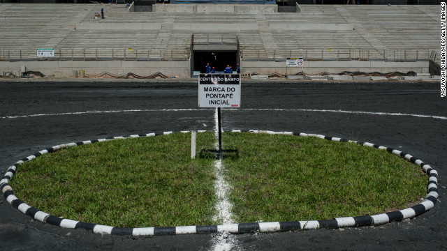 A panel marks the exact place of the kick off for the next FIFA World Cup 2014.