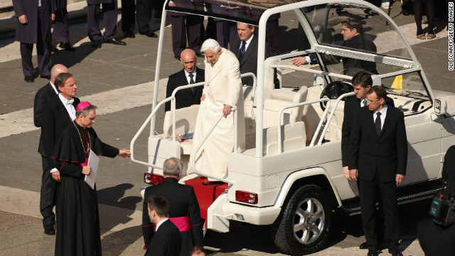 Benedict XVI disembarks the latest version of the Popemobile in St. Peter's Square on February 27, 2013, the day before he stepped down as pope.