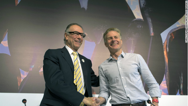 Carlos Arthur Nuzman (left), Brazilian Olympic Committee President and Rio 2016 Olympics Committee President, shakes hands with London 2012 Chief Executive Paul Deighton after delivering the IOC debriefing of the London 2012 Olympic Games for the foreign press in Barra de Tijuca, Rio de Janeiro, Brazil.