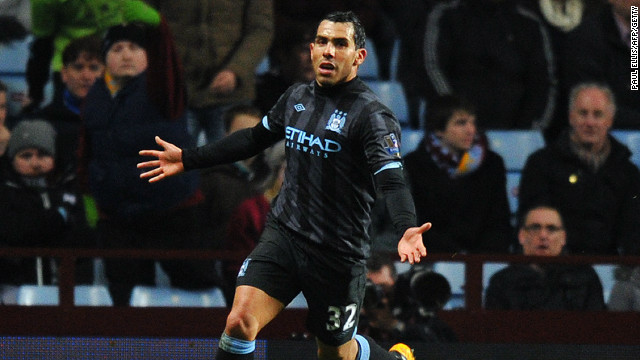 Carlos Tevez celebrates his winning goal in Manchester City's 1-0 win over Aston Villa in the EPL.