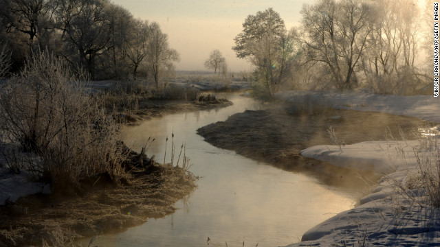 Frost-covered plants are seen on banks of the Usiazha River near the Belarus village of Usiazha, on February 26.