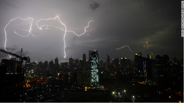 Lightning strikes over Jakarta's skyline late on March 3 during monsoon rains.