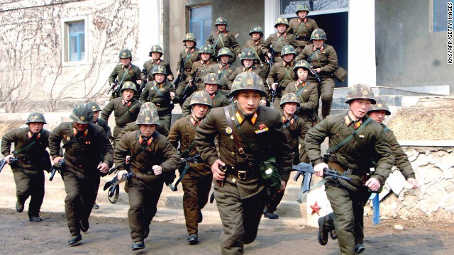 Soldiers in the North Korean army train at an undisclosed location on March 6. 