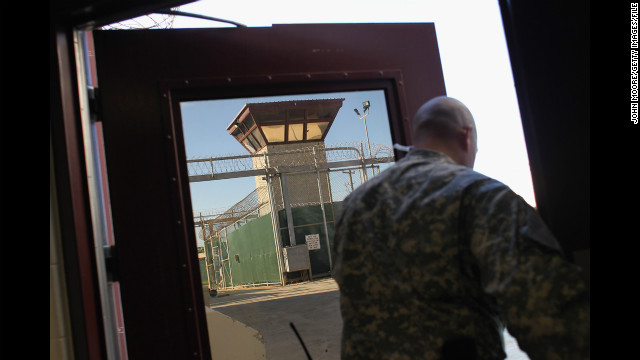 A U.S. military guard walks out of the maximum security section of the detention center in September 2010.