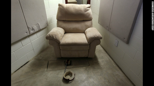 A seat and shackle await a detainee in the DVD room of the maximum security Camp 5 detention center in March 2010. 