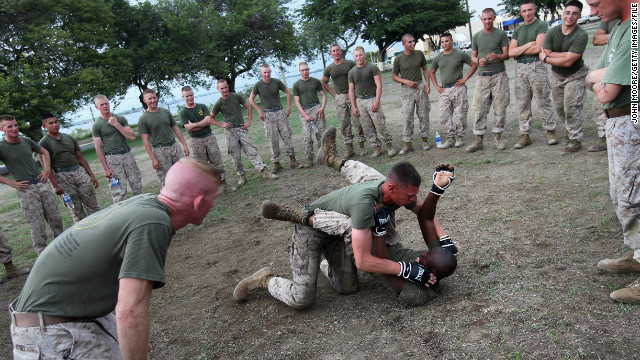 U.S. Marines join in martial arts training at the U.S. naval base in September 2010. 