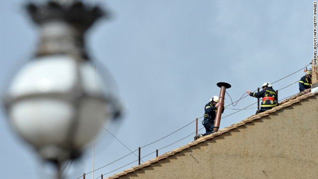 Vatican workers made final preparations on the Sistine Chapel on March 9.