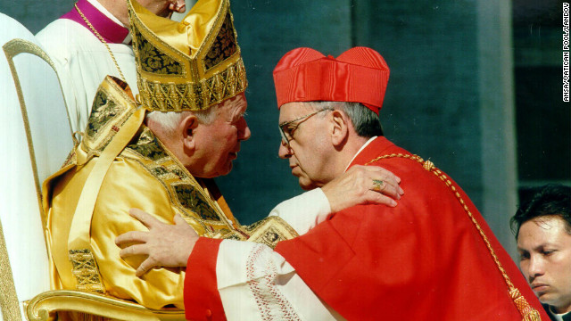 Pope John Paul II receives Cardinal Bergoglio, archbishop of Buenos Aires, Argentina, at the Vatican on February 21, 2001.