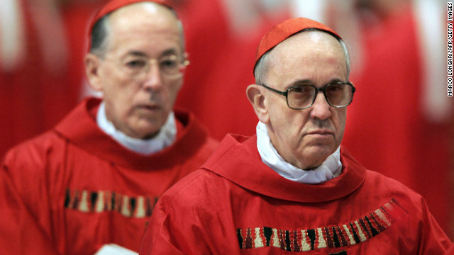 Bergoglio, right, and Peru's Cardinal Juan Luis Cipriani Thorne attend the special "pro eligendo summo pontifice" (to elect supreme pontiff) Mass in Vatican City in April 2005.